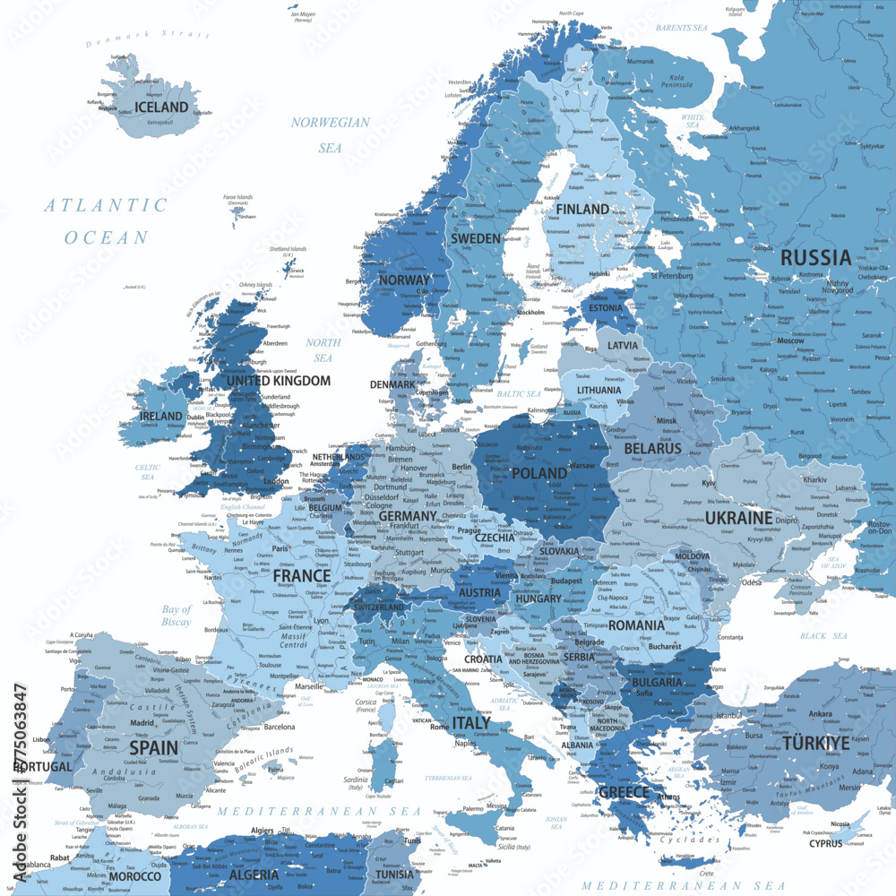 Europe - Highly Detailed Vector Map of the Europe. Ideally for the Print Posters. Faded Blue White Colors - obrazy, fototapety, plakaty 