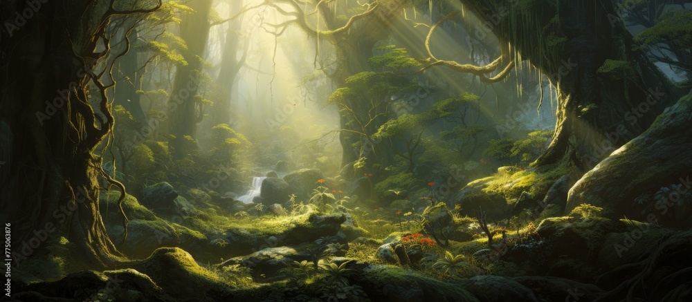The lush forest encompasses a meandering stream flowing through its heart, creating a serene and picturesque landscape - obrazy, fototapety, plakaty 