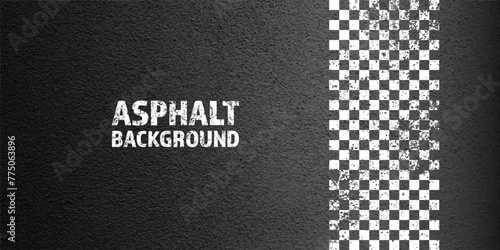 Asphalt road with white cracked lane marking, concrete highway surface, texture. Street traffic line, road dividing strip. Pattern with grainy structure, grunge stone background. Vector illustration