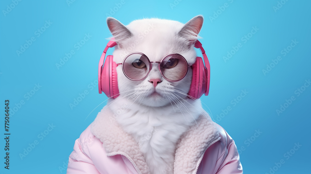 Playful Fantasy Cat Character in Sunglasses and Headphones, Sporting White Jacket, Enjoying Music on Pink and Blue Background Playful Fantasy Cat Character in Sunglasses and Headphones, Sporting White Jacket, Enjoying Music on Pink and Blue Background