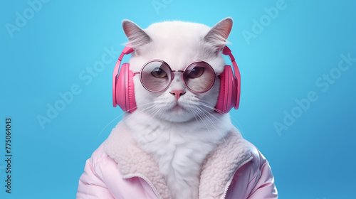 Playful Fantasy Cat Character in Sunglasses and Headphones, Sporting White Jacket, Enjoying Music on Pink and Blue Background