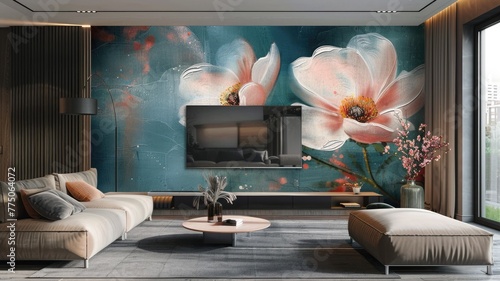 Interior of a modern living room with lovely flower painting. Generative AI photo