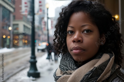 young beautiful afro American woman in the city of New York in winter