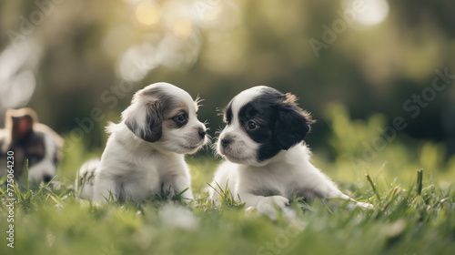 Two little baby dogs sitting on the grass. Animals photography