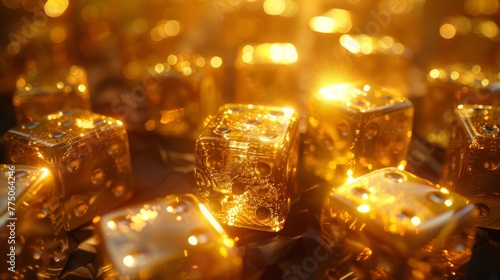 Elegant representation of financial harmony, where secure gold meets the ambition of dice, bathed in soft, diffused light
