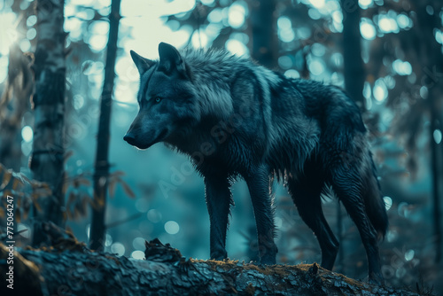 Lone wolf silhouette in the deep dark woods