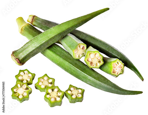 Fresh and raw okra, Abelmoschus esculentus, topview and isolated