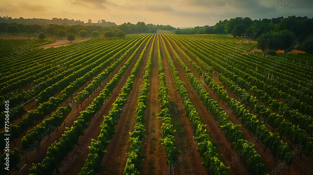 An aerial view of a picturesque vineyard with neatly arranged rows of grapevines