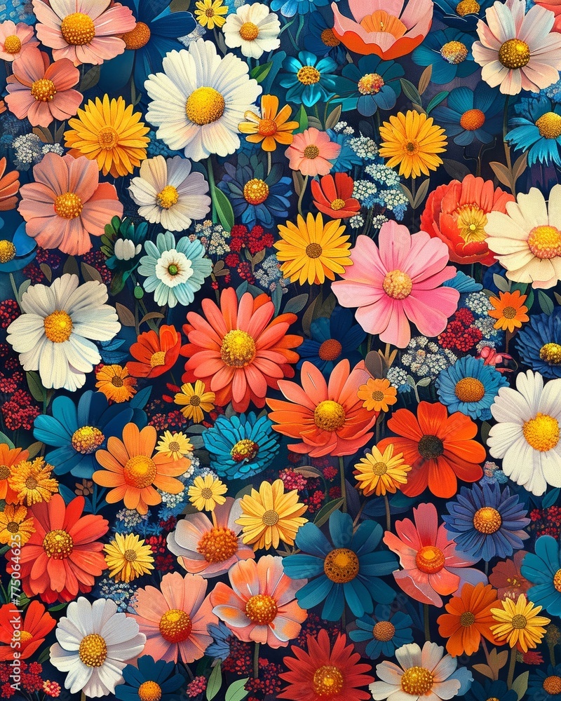 a field of diverse flowers, resembling a mesmerizing mosaic of colors The perspective should emphasize the intricate detailing of each flower
