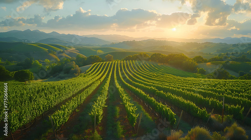 An aerial view of a picturesque vineyard nestled in rolling hills photo