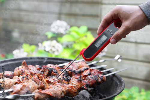 Man measuring temperature of delicious kebab on metal brazier outdoors, closeup photo