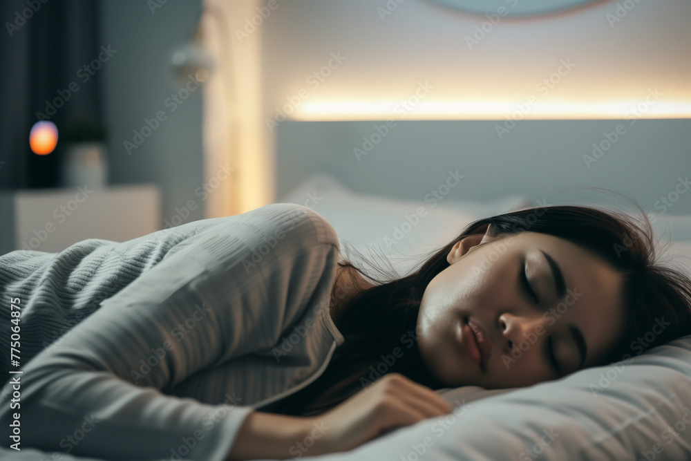 A woman laying on a bed with her eyes closed in a sleep-like position A woman laying on a bed with her eyes closed in a sleep-like position