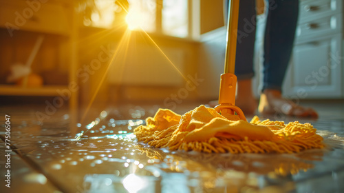 Wielding a mop, a cleaner effortlessly navigates floors, bringing back shine and cleanliness to every step of the home