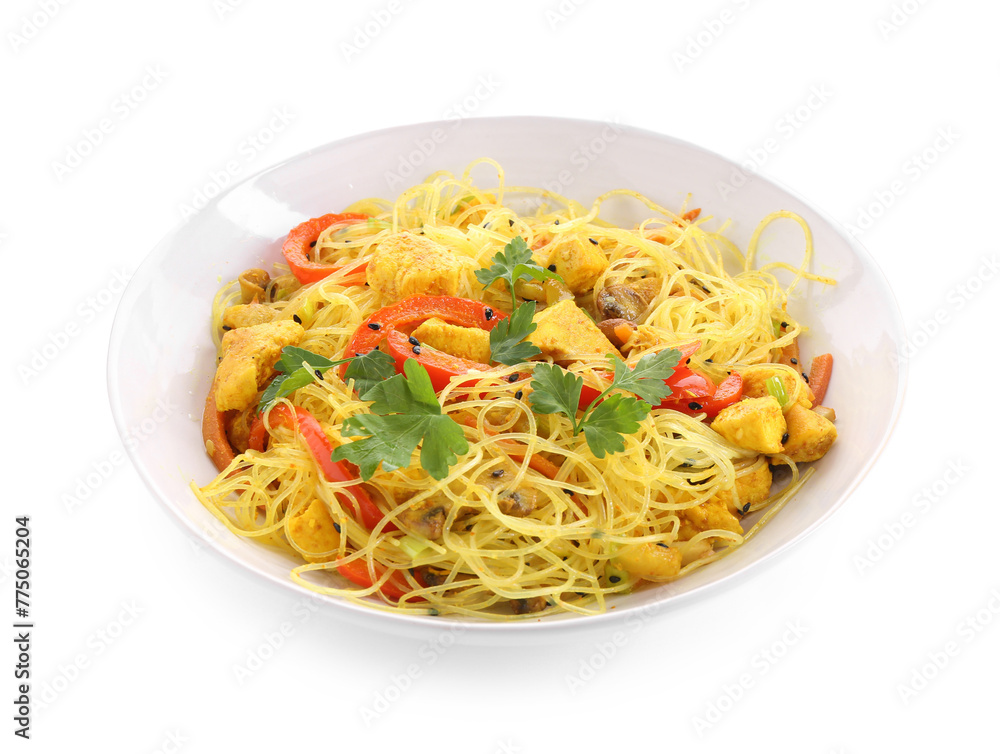 Stir-fry. Delicious cooked noodles with chicken and vegetables in bowl isolated on white Stir-fry. Delicious cooked noodles with chicken and vegetables in bowl isolated on white