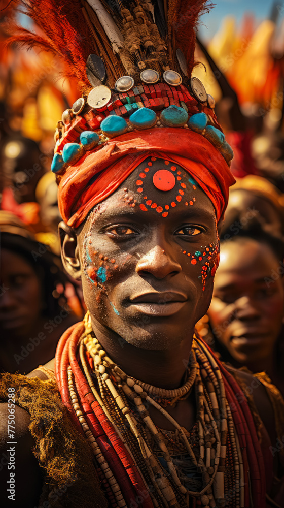 This visual narrative portrays a vibrant tribal festival in Africa. The photograph encapsulates the essence of the celebration--the colorful traditional attire, energetic dances, and communal spirit. 