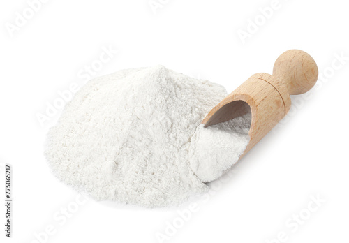 Baking powder and scoop isolated on white