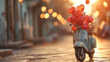 A classic scooter decorated with red heart-shaped balloons stands on a cobblestone street at sunset, creating a romantic ambiance.

