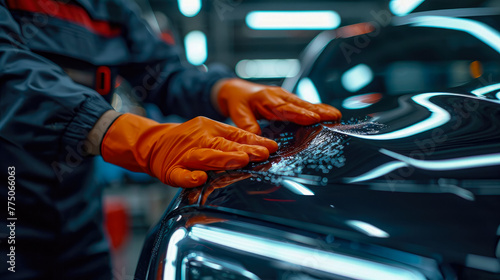 technician applying a paint sealant to a luxury sedan, focusing on the hands-on process and the protective layer being added for a long-lasting, showroom-quality finish © Tatiana