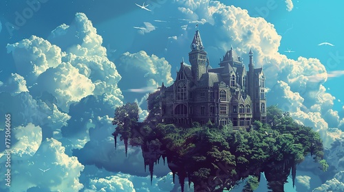 A decadent manor seated upon a cloud in the sky, 90's comic book style photo