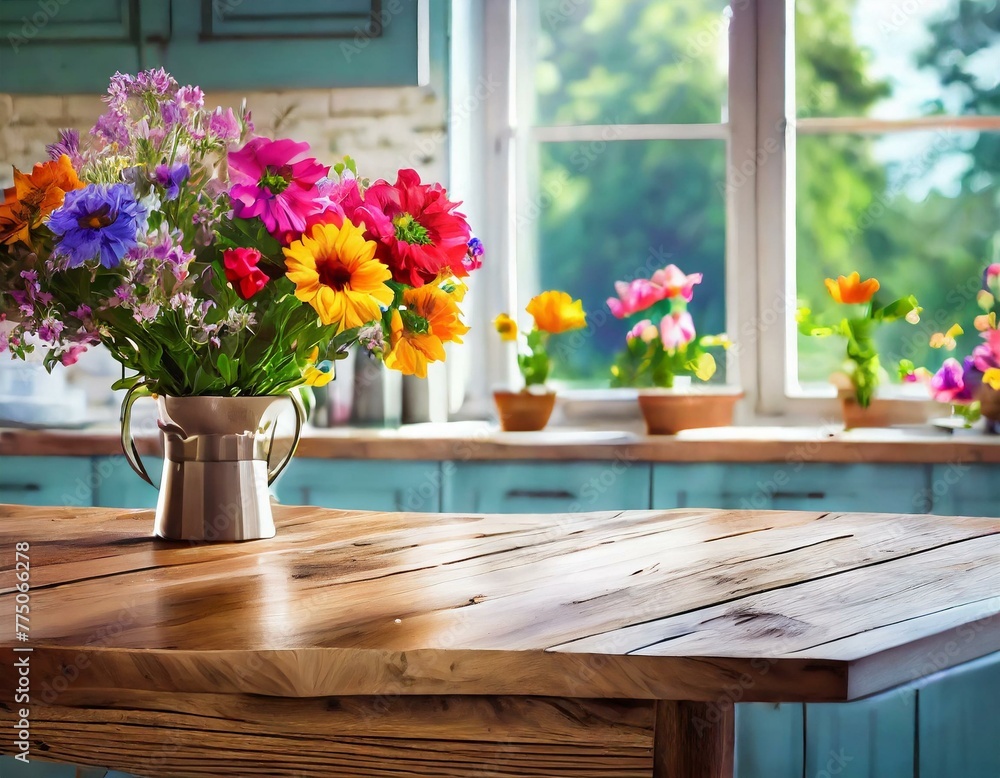 flowers in a vase on the table, the backdrop of expansive windows that flood the kitchen, close up an empty wooden table adorned with colorful flowers, 