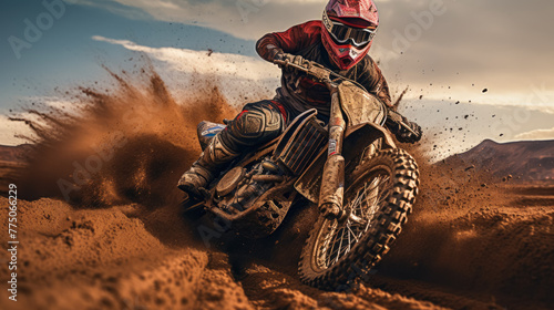 Motocross racing, Dirt track action, High-speed jumps, Dusty adrenaline, Motorbike close-ups, Extreme racing, Off-road adventures, Thrilling races, Helmet and gear, Action-packed rides © Tatiana