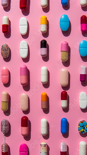 Top-down view of Medication diversity displayed on a pink background, offering choices for individual health requirements and concerns