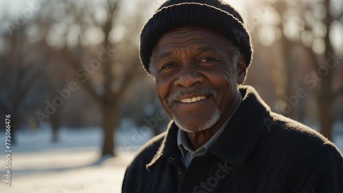 elderly black african man on morning sunlight winter park background smiling happy looking at camera with copy space for banner backdrop from Generative AI © Arceli