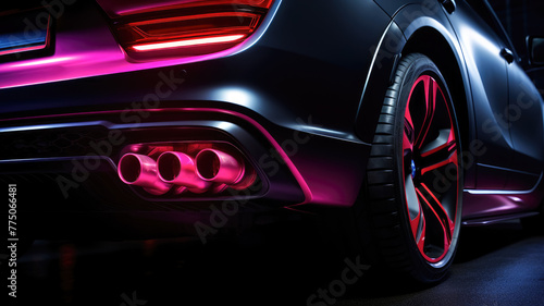Neon-lit exhaust system modification in a high-performance car against a black backdrop photo