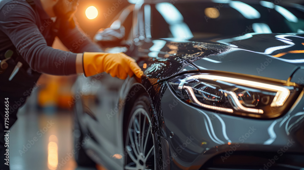 technician applying a paint sealant to a luxury sedan, focusing on the hands-on process and the protective layer being added for a long-lasting, showroom-quality finish