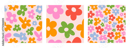 Colorful set abstract floral seamless patterns with cute groovy daisy flowers. Vector illustration	
