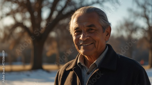 elderly indigenous man on morning sunlight winter park background smiling happy looking at camera with copy space for banner backdrop from Generative AI