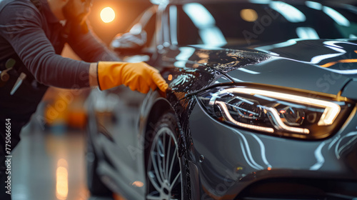 technician applying a paint sealant to a luxury sedan, focusing on the hands-on process and the protective layer being added for a long-lasting, showroom-quality finish © Tatiana