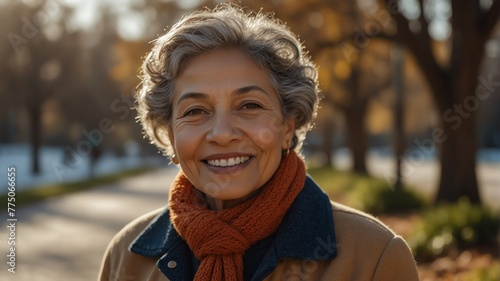 elderly multiracial lady woman on morning sunlight winter park background smiling happy looking at camera with copy space for banner backdrop from Generative AI