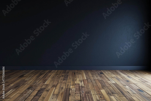 Empty room with black wall and wooden floor, minimalist style, dark stylish design, background photography
