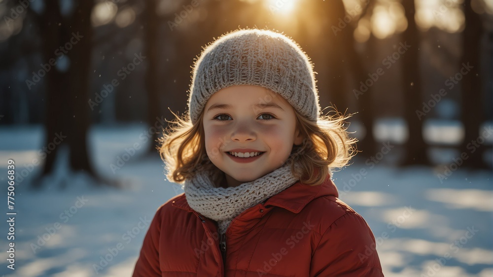 kid child caucasian girl on morning sunlight winter park background smiling happy looking at camera with copy space for banner backdrop from Generative AI