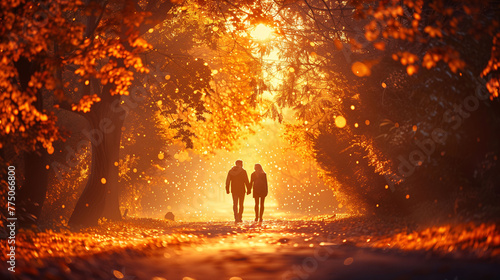 Couple walking on a path surrounded by autumn leaves with the sun shining through the trees. © amixstudio