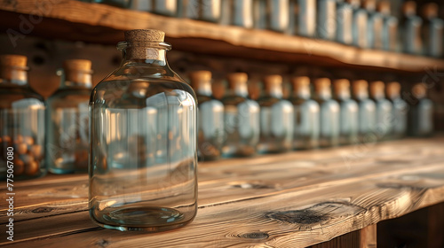 Row of empty glass jars on a wooden shelf with warm, rustic background. photo