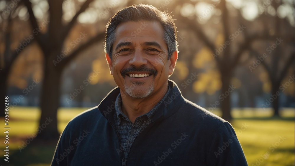 middle aged hispanic man on morning sunlight winter park background smiling happy looking at camera with copy space for banner backdrop from Generative AI middle aged hispanic man on morning sunlight winter park background smiling happy looking at camera with copy space for banner backdrop from Generative AI