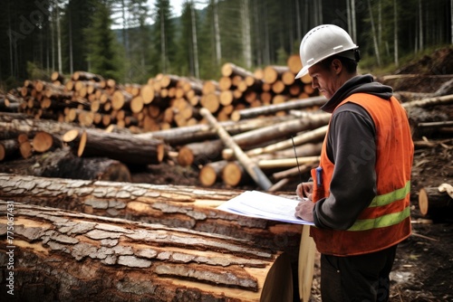 A lumberjack works at a sawmill. Deforestation, the concept of logging