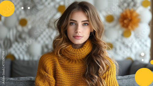 Wallpaper Mural Portrait of a young woman in a cozy room wearing a yellow sweater, with soft-focus background. Torontodigital.ca