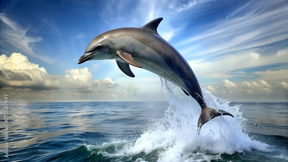 The dolphin is jumping from the sea