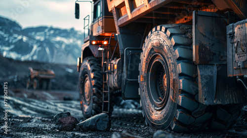 Close-up of a large mining haul truck tire on a rugged dirt road
