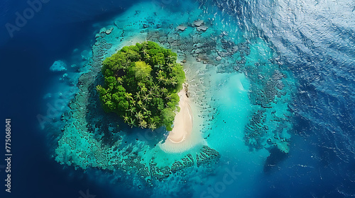 An aerial view of a pristine coral atoll surrounded by turquoise waters