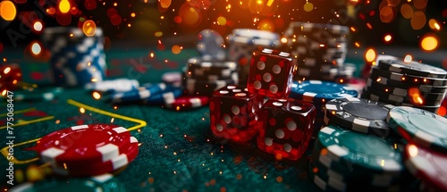 Symbols of Wealth and Gambling: Casino Chips, Cards, and Dice on a Black Background. Concept Symbols of Wealth, Gambling Essentials, Casino Accessories, Game Night Essentials