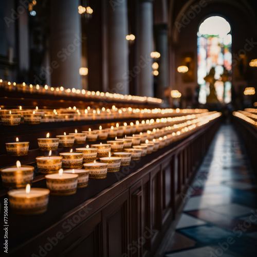 lifestyle photo rows of lit prayer candles in church.