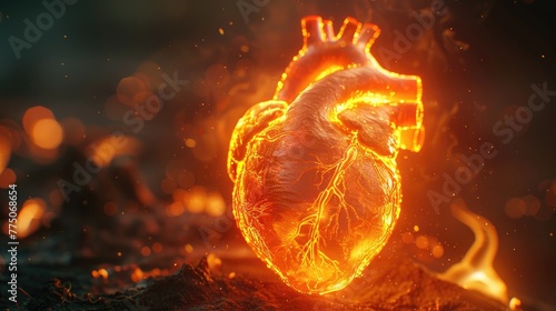 3D render of a human heart model, glowing with pulsating light effects