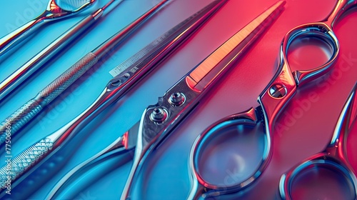 Abstract composition of medical tools like scissors and tweezers, floating in mid-air, surreal aesthetic, bold colors