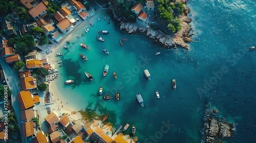 An aerial view of a quaint coastal village with fishing boats in the harbor