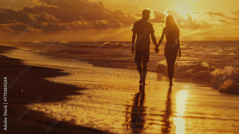romantic couple Walking hand in hand on the beach at sunset, arms around each other, looking at the sunset. romantic atmosphere 