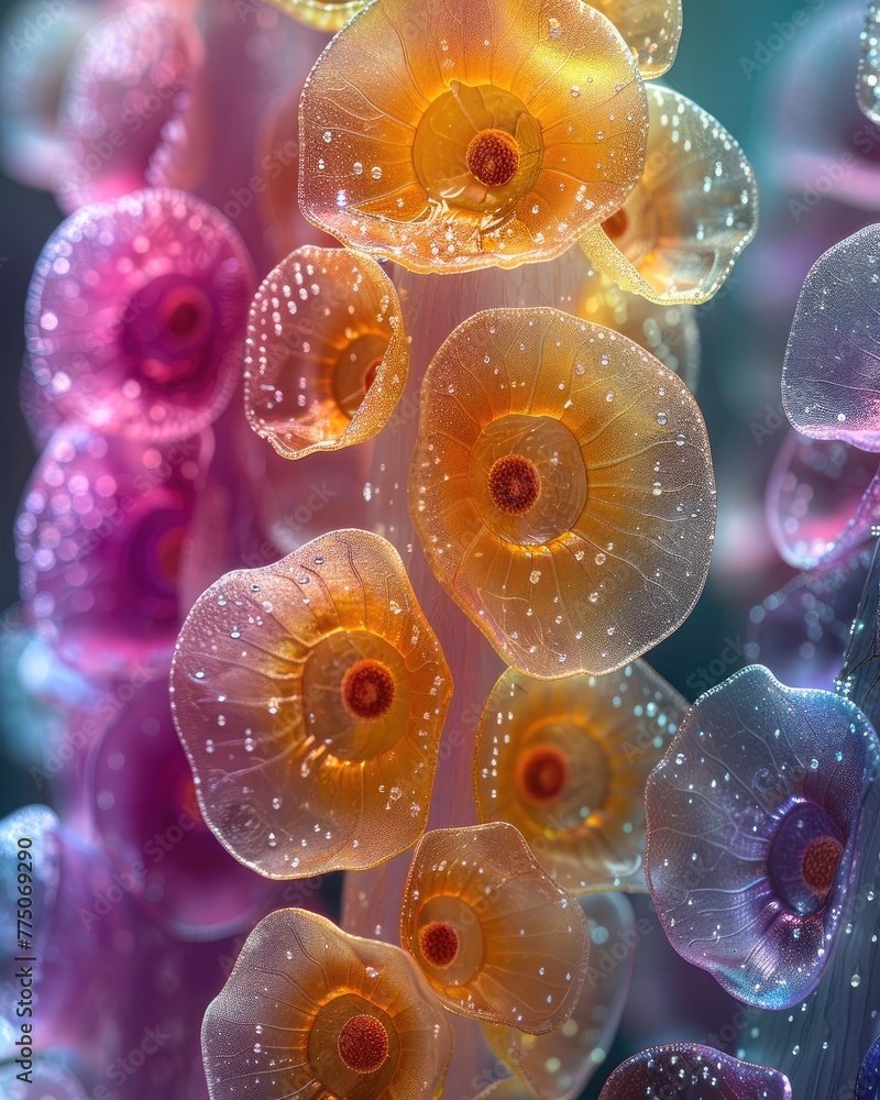 Close-up of a microscope slide with cells in vivid colors, detailed focus Close-up of a microscope slide with cells in vivid colors, detailed focus